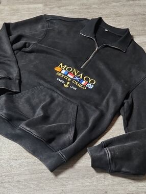 monaco Black Half-Zip Sweater with Embroidered Yacht Club Logo